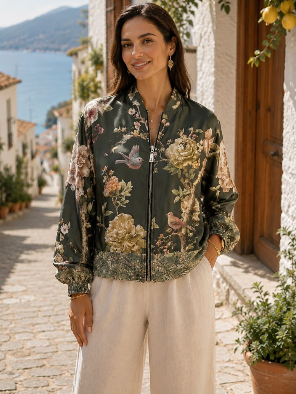 Made In Italy Viscose Floral Satin Bomber Jacket - Dark Green Floral Bird Print